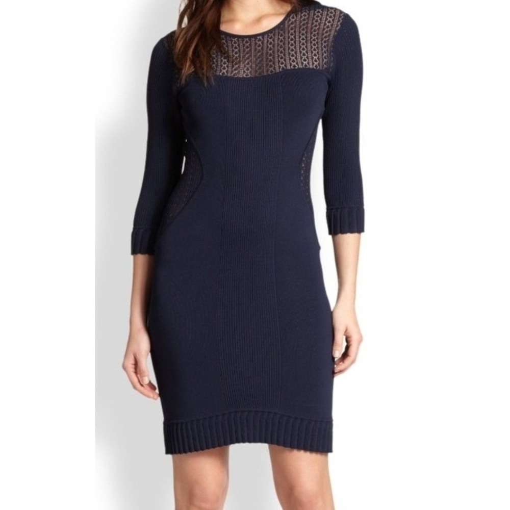 Marchesa Voyage Navy Blue Crochet‎ Lace Ribbed Knit Sheath Dress XS 3/4 Sleeve